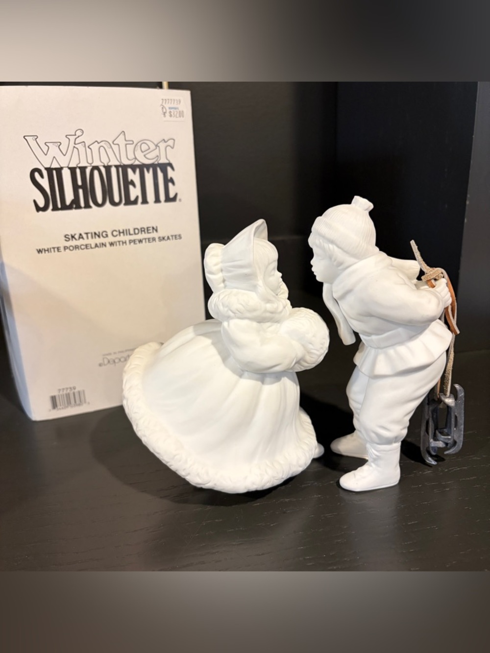 Department 56 Winter Silhouette Skating Children White Porcelain Pewter Skates
